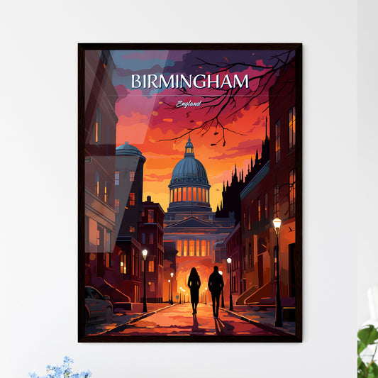 Birmingham, England - Art print of a couple of people walking down a street with a dome and buildings Framed Art