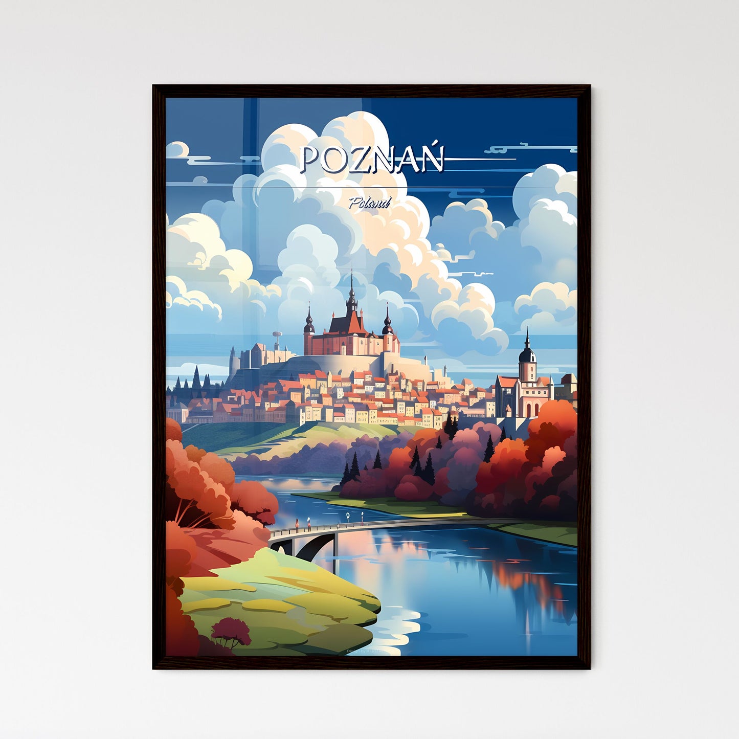 Poznań, Poland - Art print of a castle on a hill with trees and a bridge Framed Art