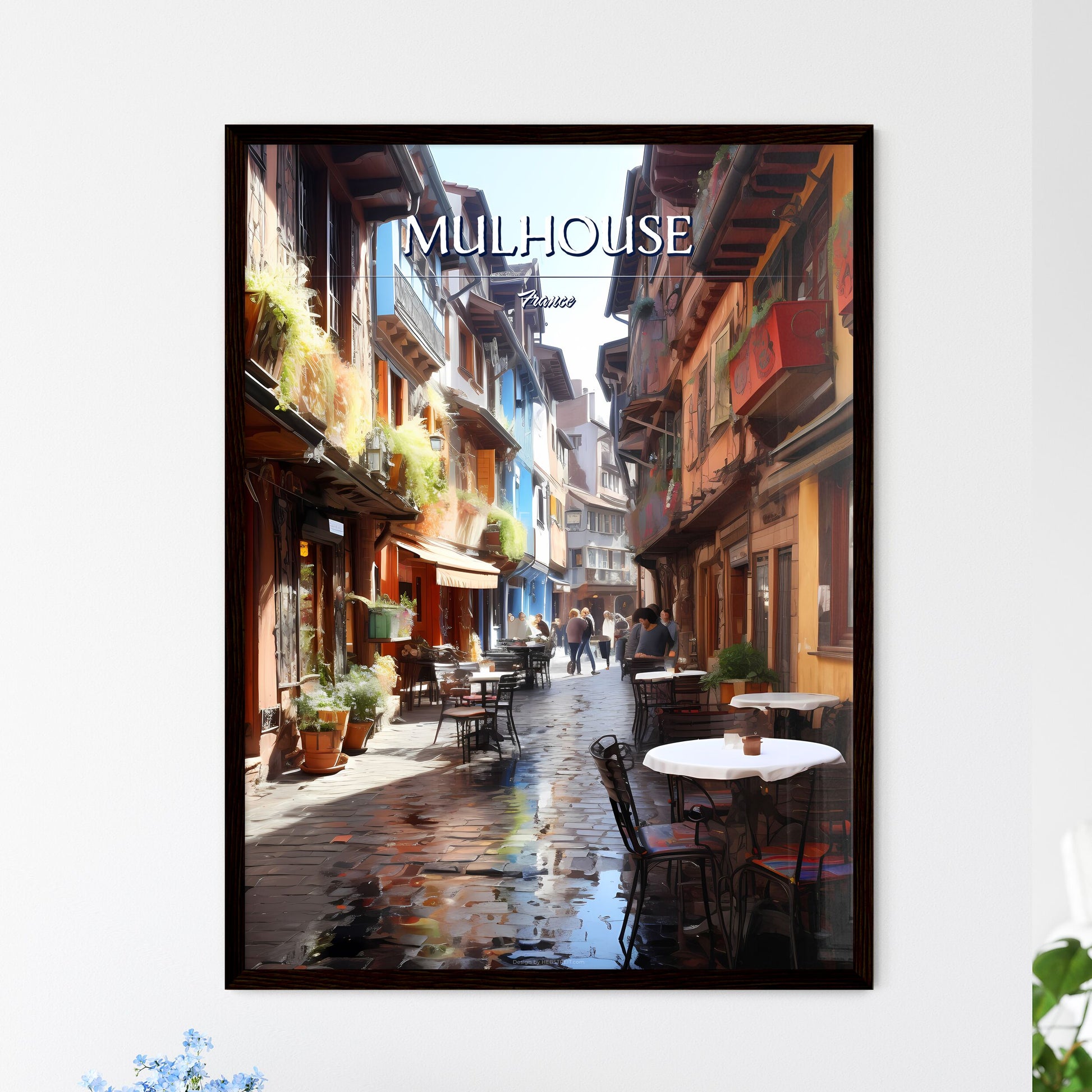 Mulhouse, France - Art print of a street with tables and chairs in a city Framed Art