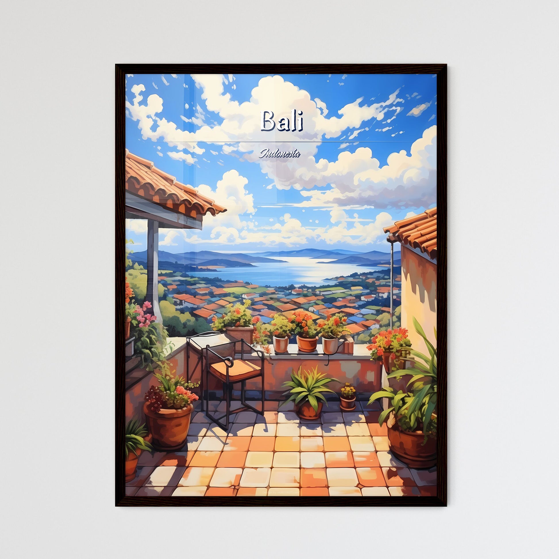 On the roofs of Bali, Indonesia - Art print of a painting of a rooftop with a view of a city and water Framed Art