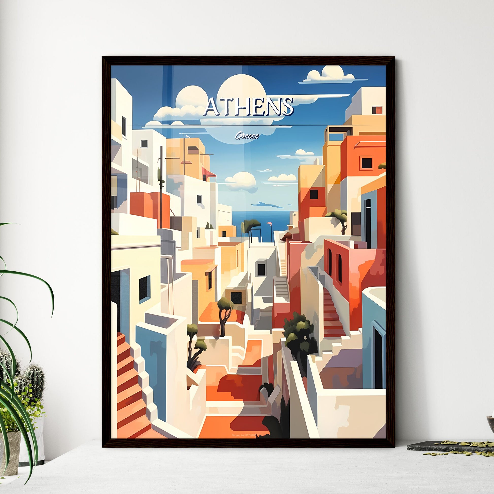 Athens, Greece - Art print of a colorful city with stairs and trees Framed Art
