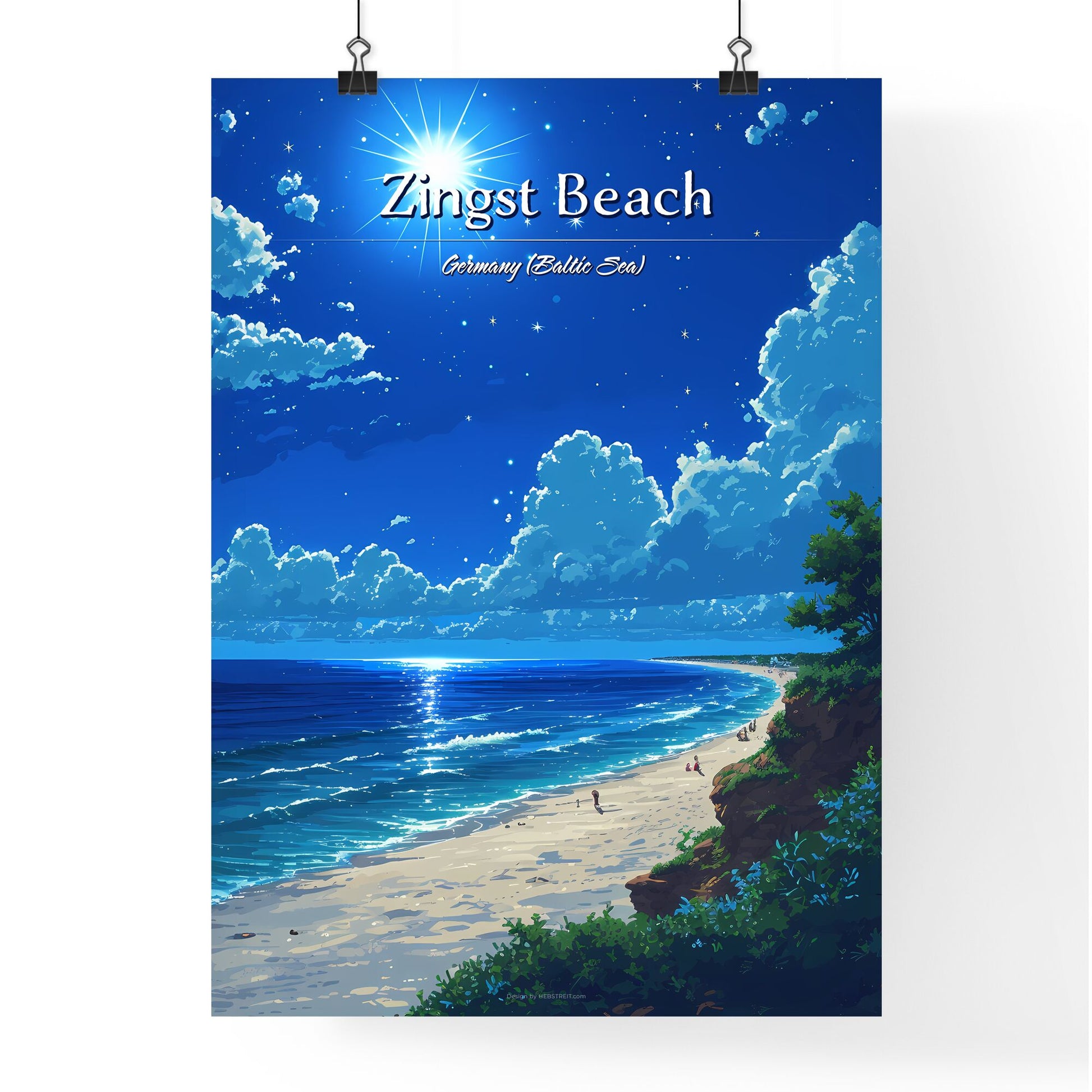Zingst Beach, Germany (Baltic Sea) - Art print of a beach with trees and a bright sun Default Title