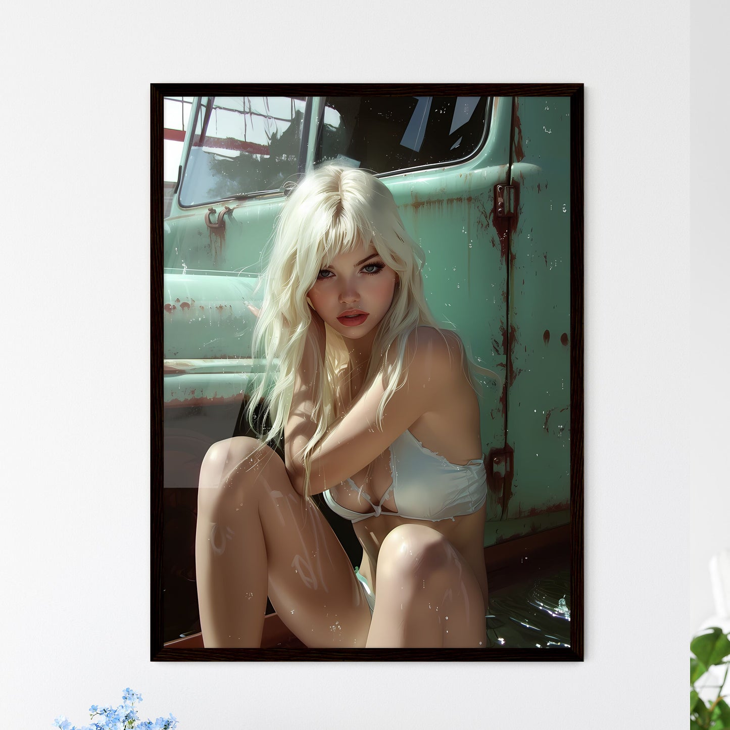 Sitting pin up factory worker girl - Framed Art Print