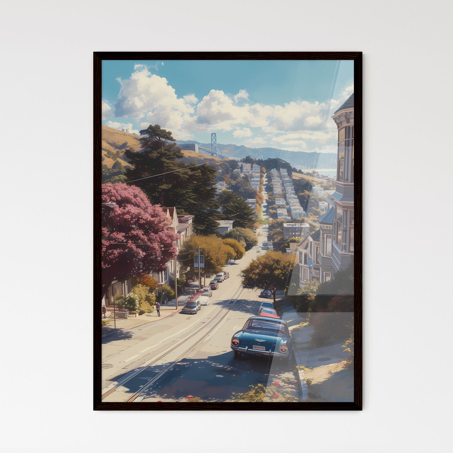 Poster of San Francisco - Art print of a street with cars and buildings on the side Framed Art