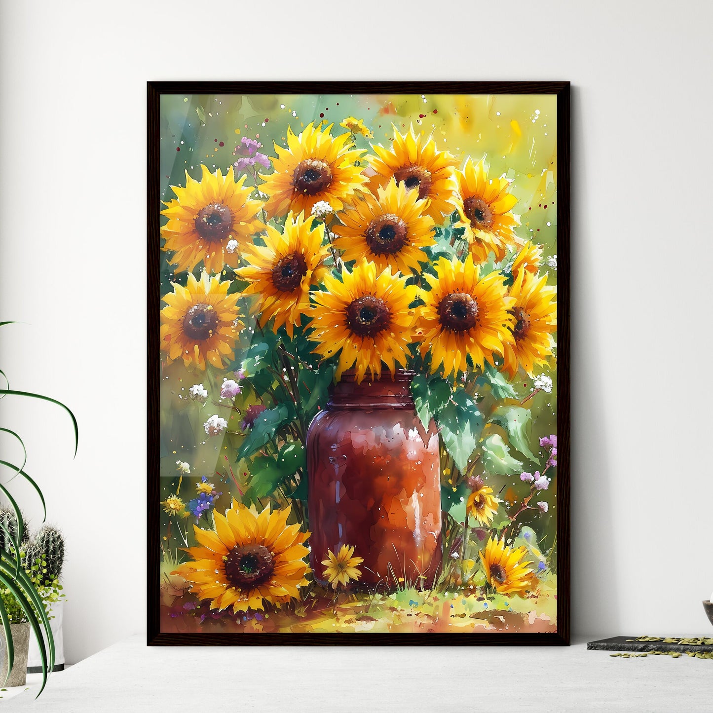 A vibrant bunch of sunflowers in a vintage j - Framed Art Print