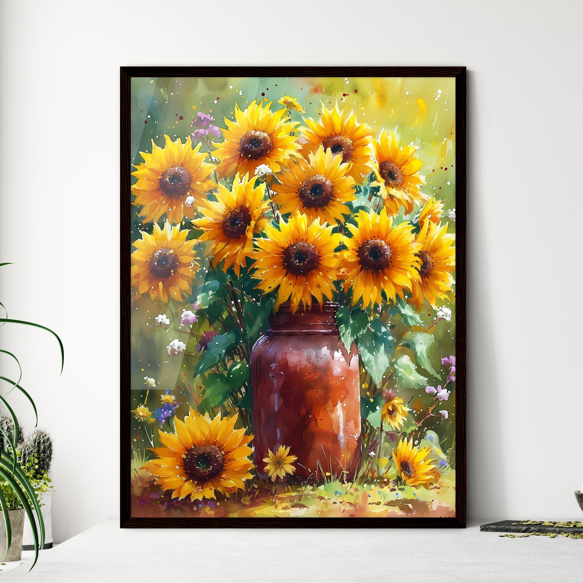 A vibrant bunch of sunflowers in a vintage j - Framed Art Print