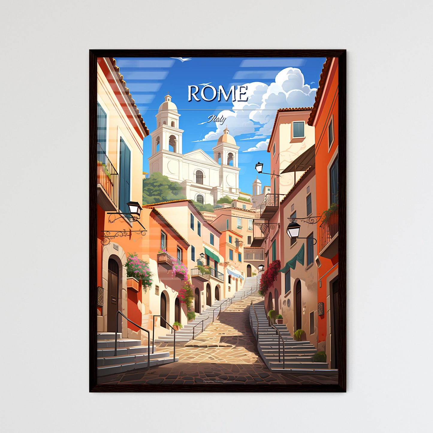 Rome, Italy - Art print of a street with stairs and buildings Framed Art