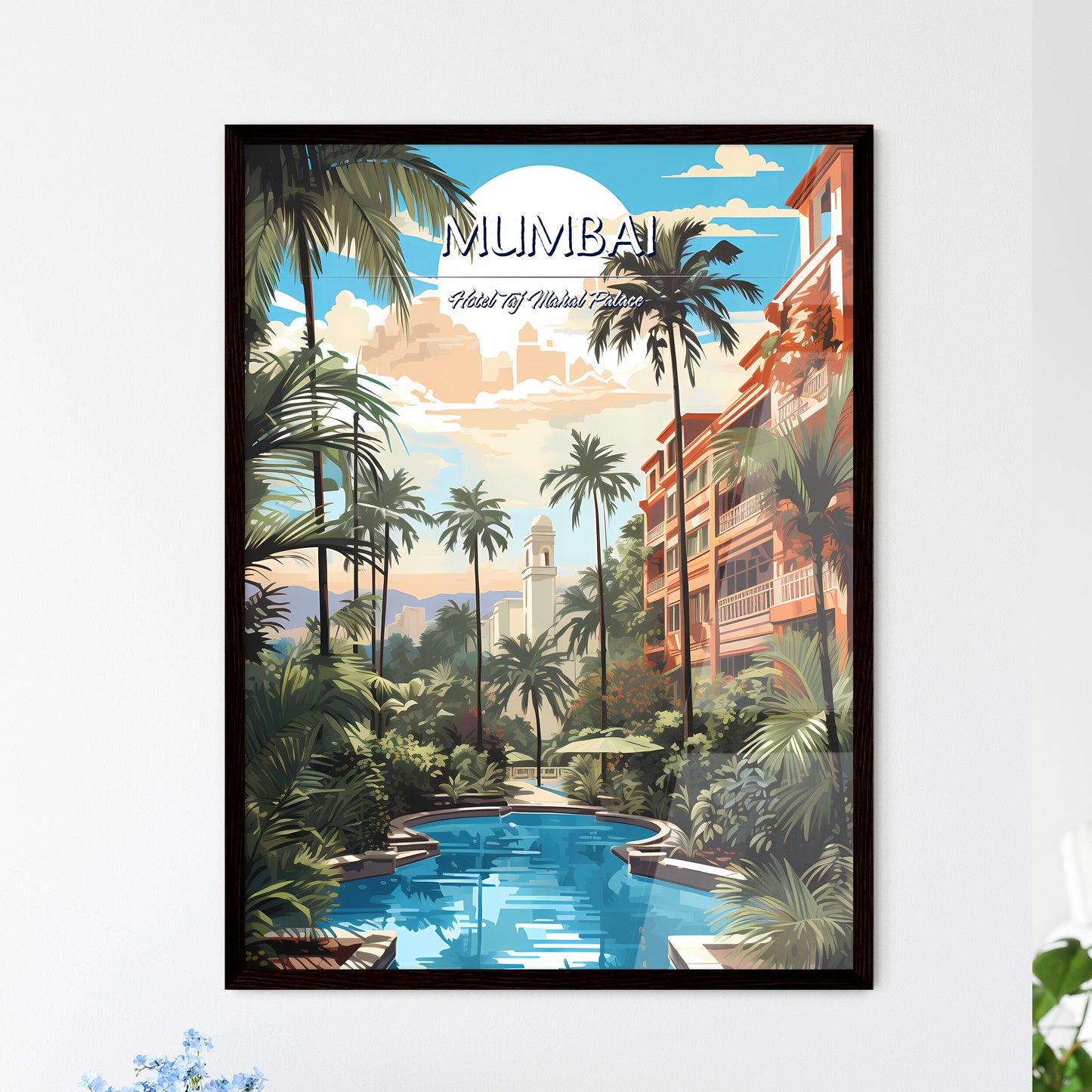 Mumbai, Hotel Taj Mahal Palace - Art print of a pool with palm trees and buildings in the background Framed Art