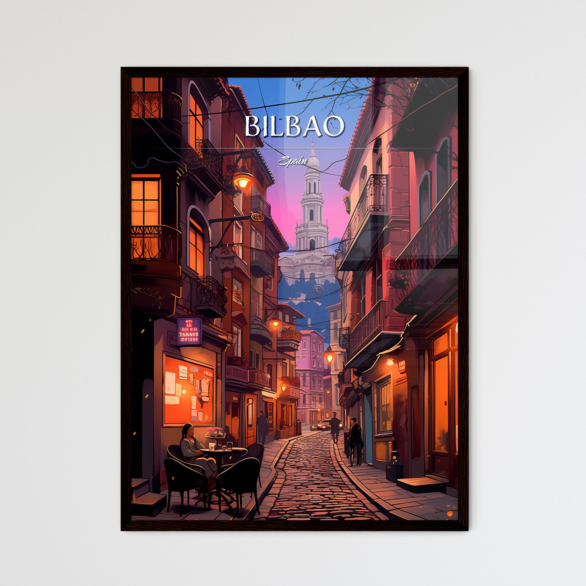 Bilbao, Spain - Art print of a street with buildings and people on it Framed Art