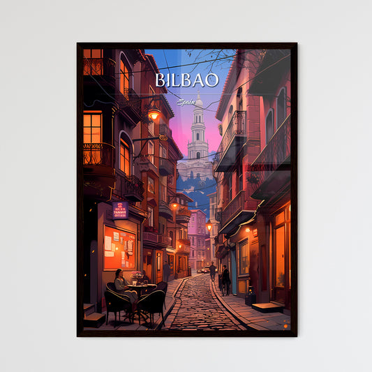 Bilbao, Spain - Art print of a street with buildings and people on it Framed Art