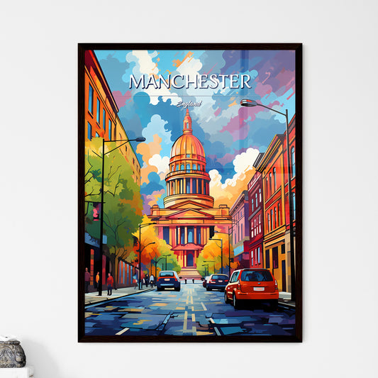 Manchester, England - Art print of a street with cars and a building Framed Art