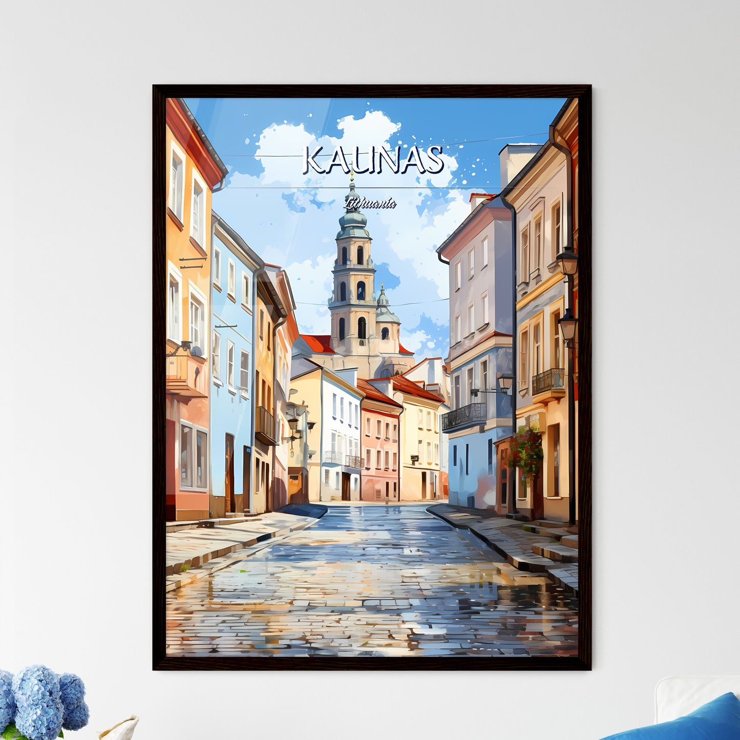 Kaunas, Lithuania - Art print of a street with buildings and a tower Framed Art