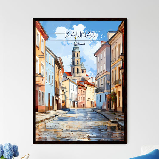 Kaunas, Lithuania - Art print of a street with buildings and a tower Framed Art