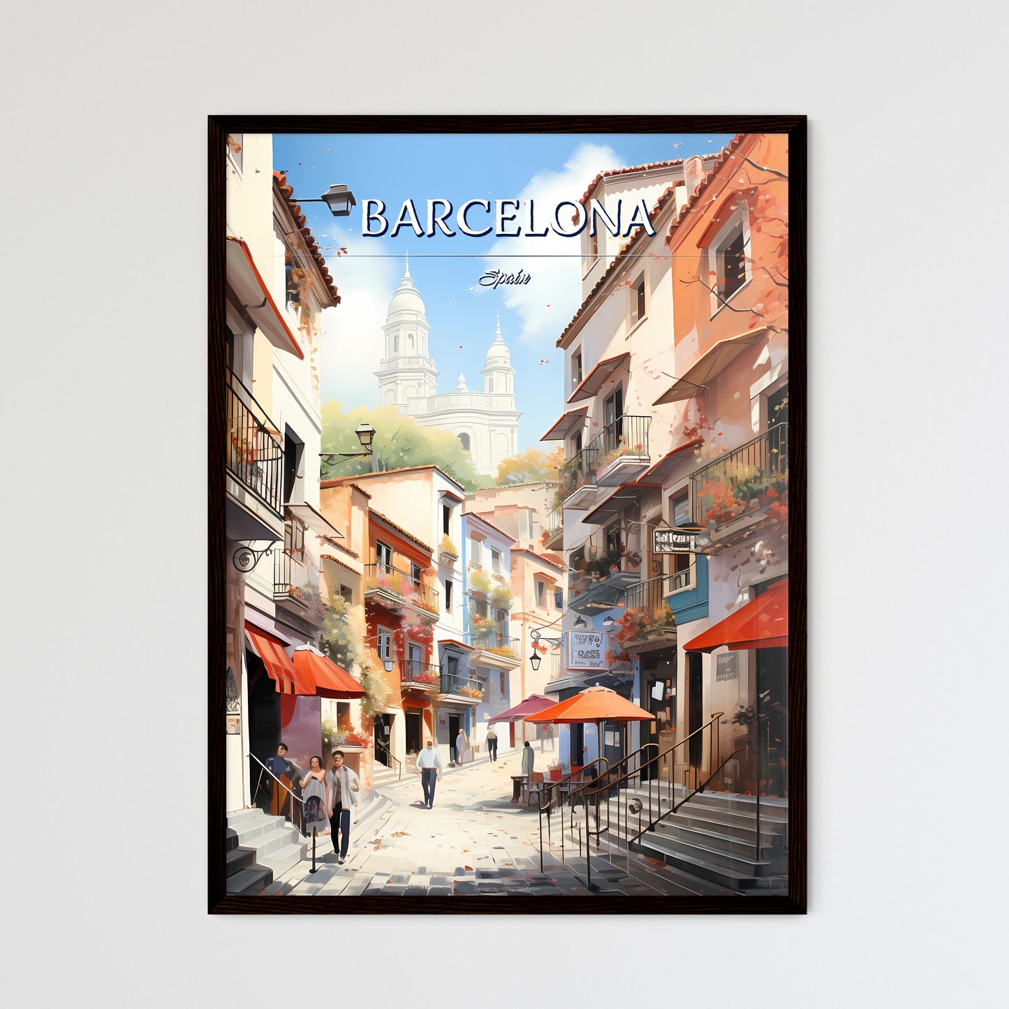 Barcelona, Spain - Art print of a street with people walking down the street Framed Art