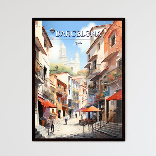 Barcelona, Spain - Art print of a street with people walking down the street Framed Art