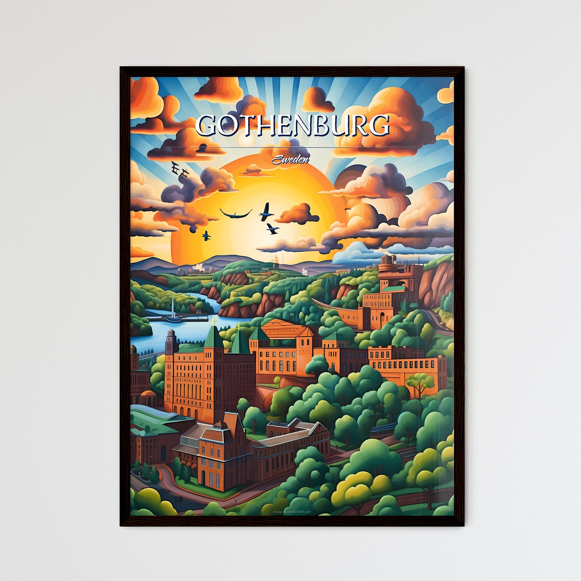 Gothenburg, Sweden, - Art print of a painting of a city with trees and a river Framed Art