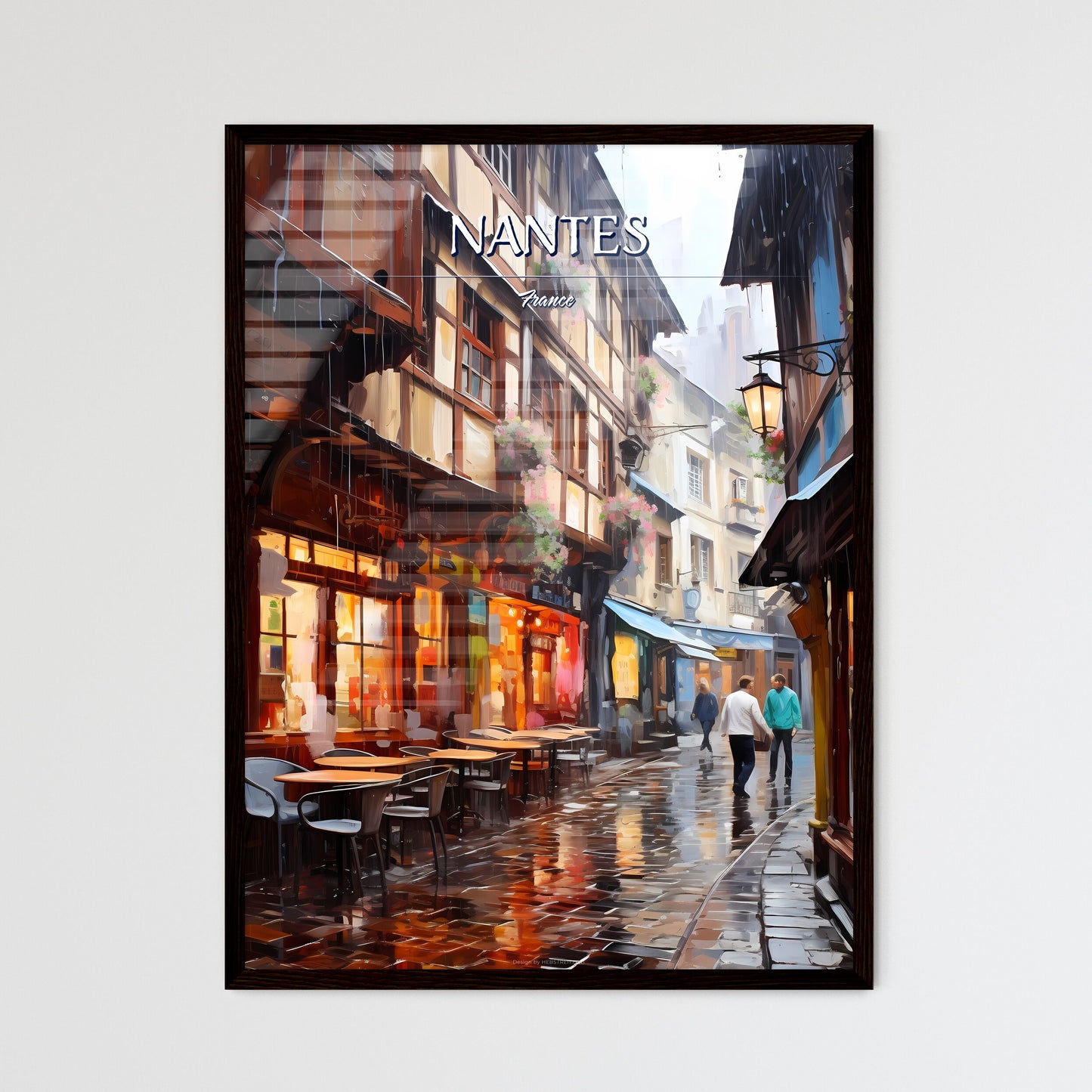 Nantes, France - Art print of a rainy street with tables and chairs Framed Art