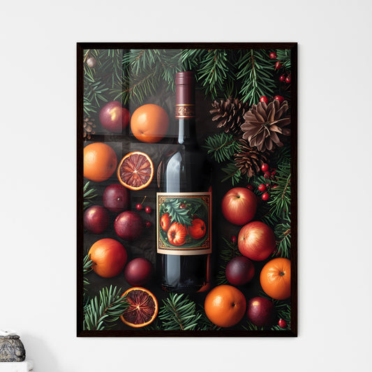 View from above on a laid table - Art print of a bottle of wine surrounded by fruit and pine cones Default Title