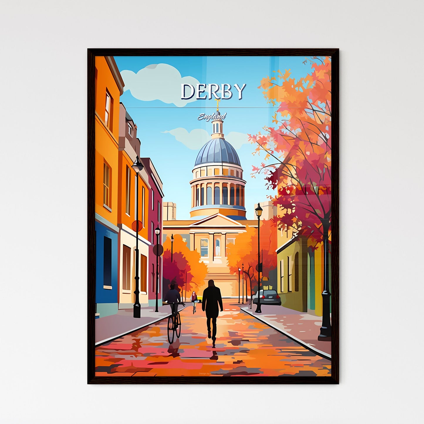 Derby, England - Art print of a person walking on a sidewalk with a dome and a building Framed Art