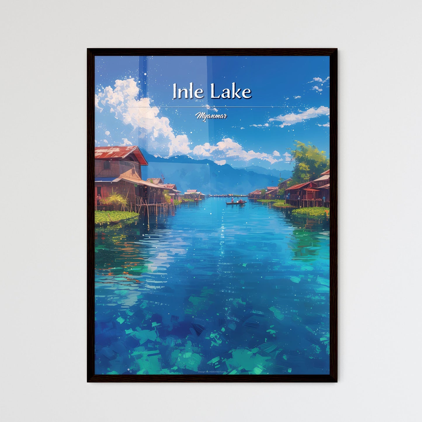 Inle Lake, Myanmar - Art print of a water way with houses and a boat Framed Art