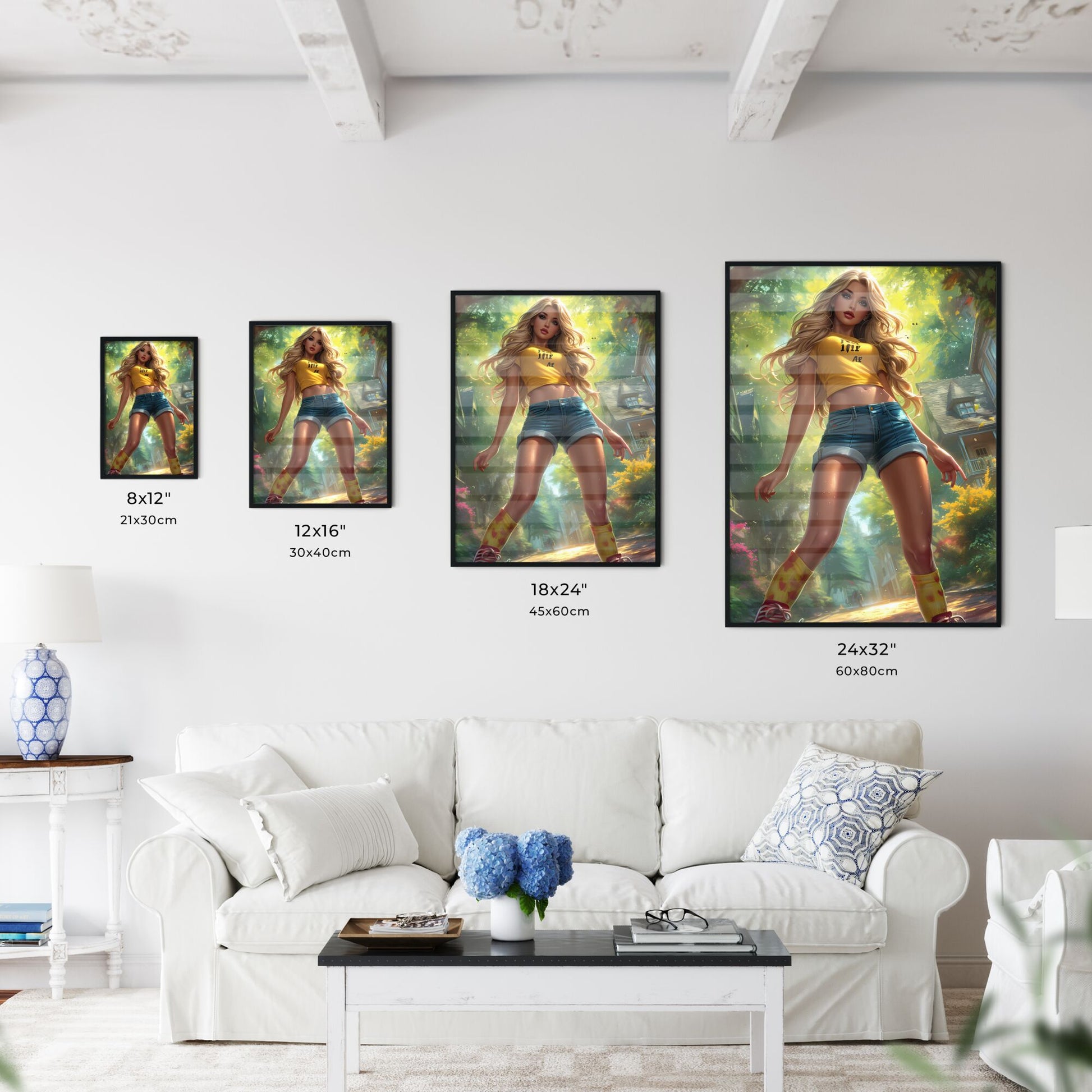 Surprised woman with beautiful legs taking pictures of herself with iPhone - Art print of a woman in shorts and yellow shirt Default Title
