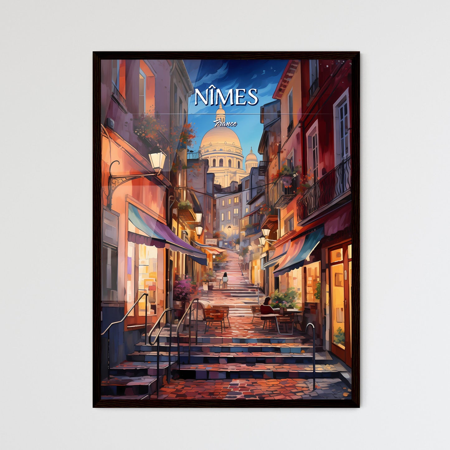 Nîmes, France - Art print of a street with stairs and buildings Framed Art