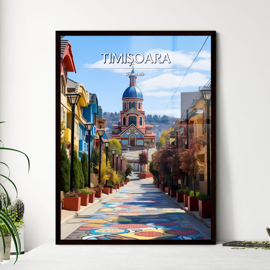 Timișoara, Romania - Art print of a colorful street with a church and trees Framed Art
