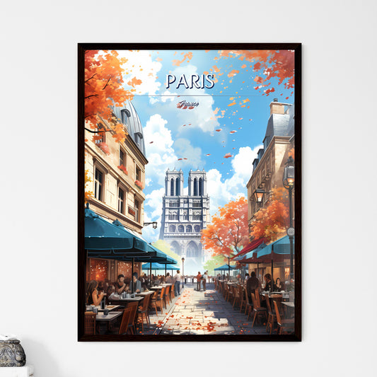 Paris, France - Art print of a street with tables and umbrellas and people sitting at tables Framed Art