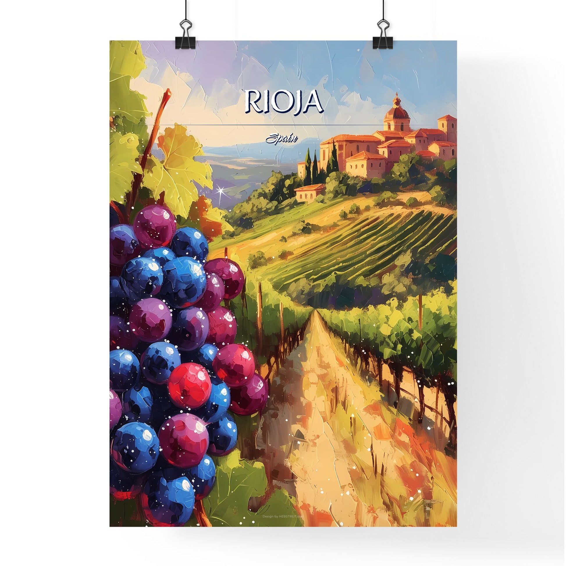 Rioja, Spain - Art print of a painting of a vineyard with a building in the background Default Title