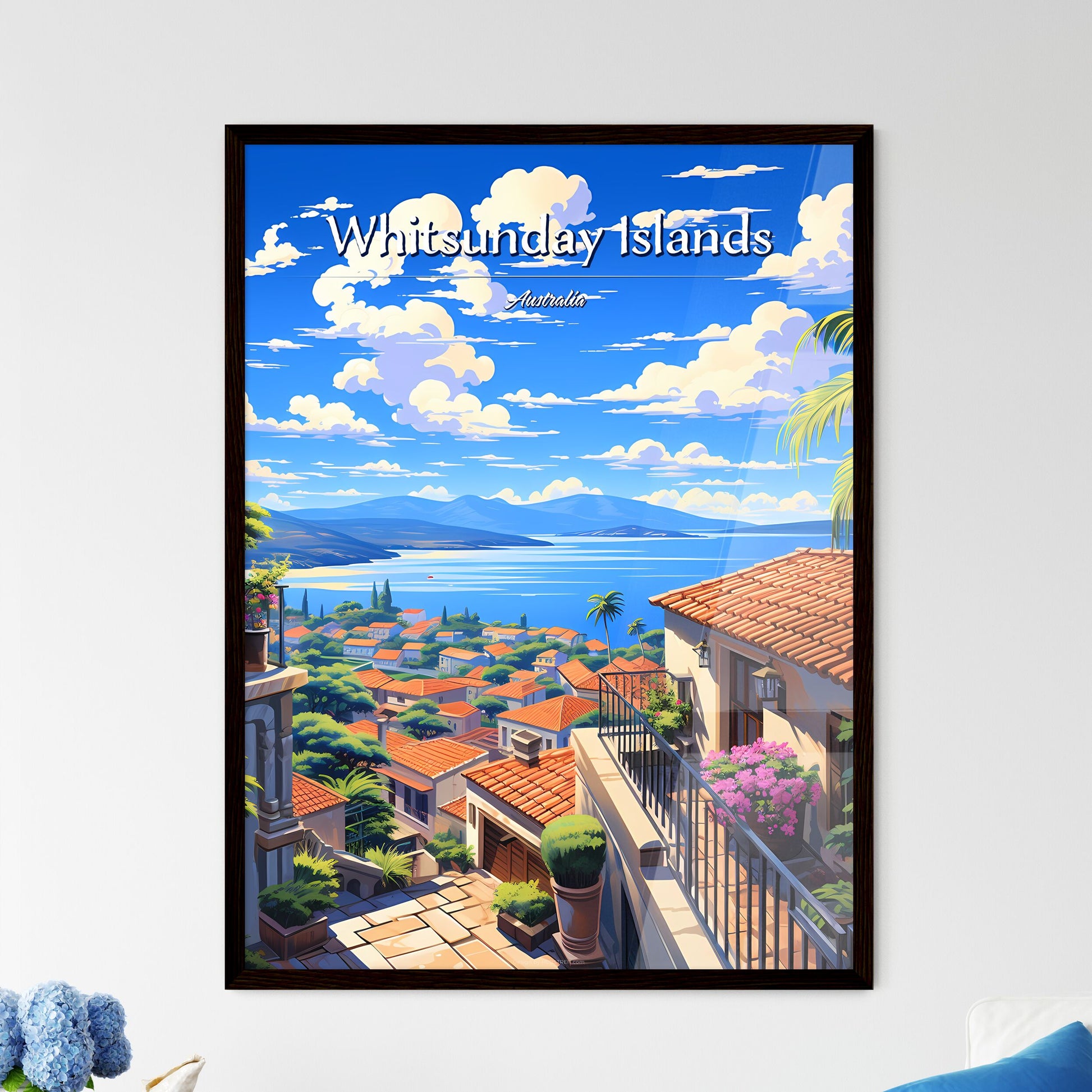 On the roofs of Whitsunday Islands, Australia - Art print of a view of a town from a hill overlooking a body of water Framed Art