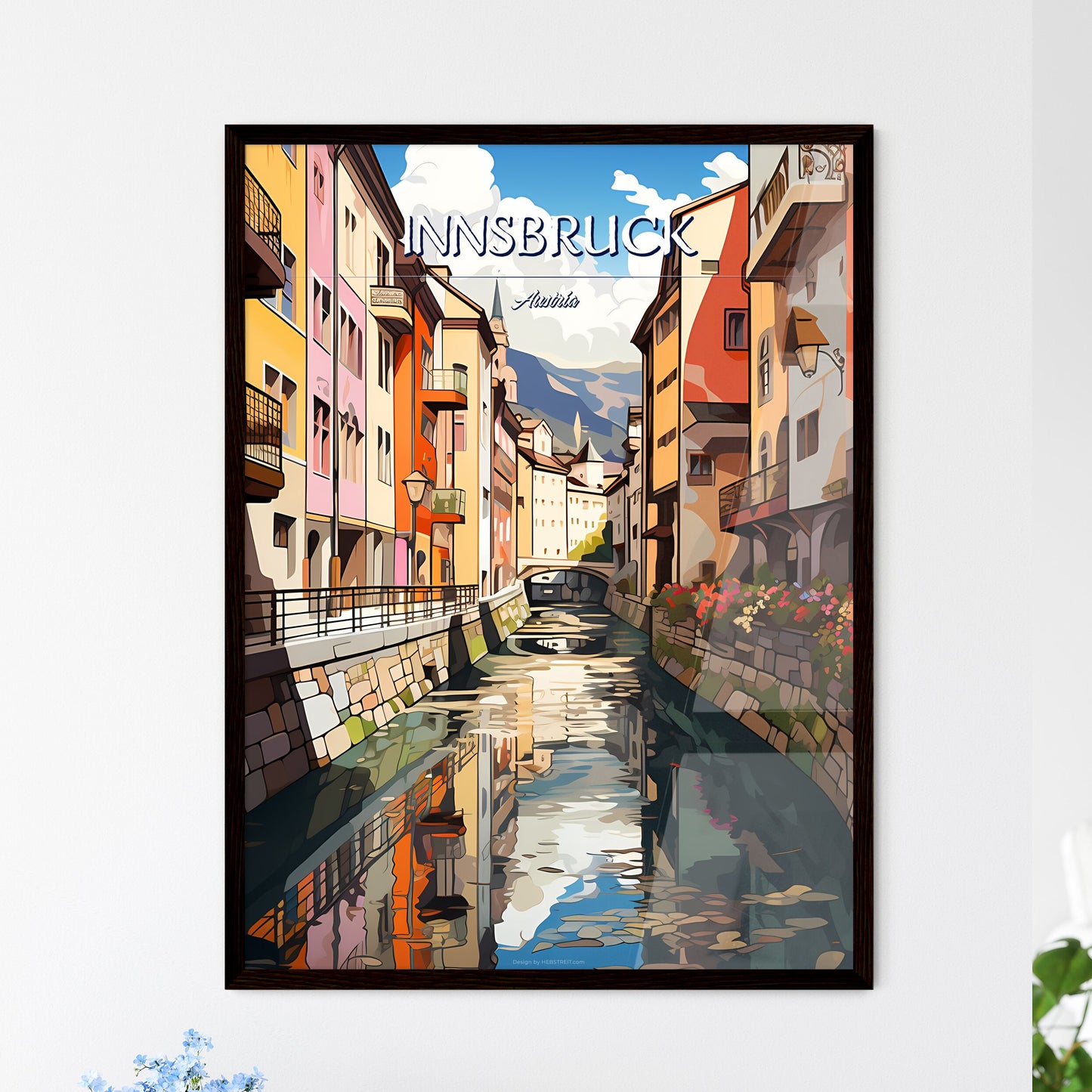 Innsbruck, Austria - Art print of a water channel with buildings and a bridge Framed Art