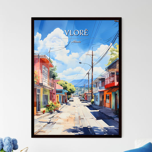 Vlorë, Albania - Art print of a street with colorful buildings and telephone poles Framed Art
