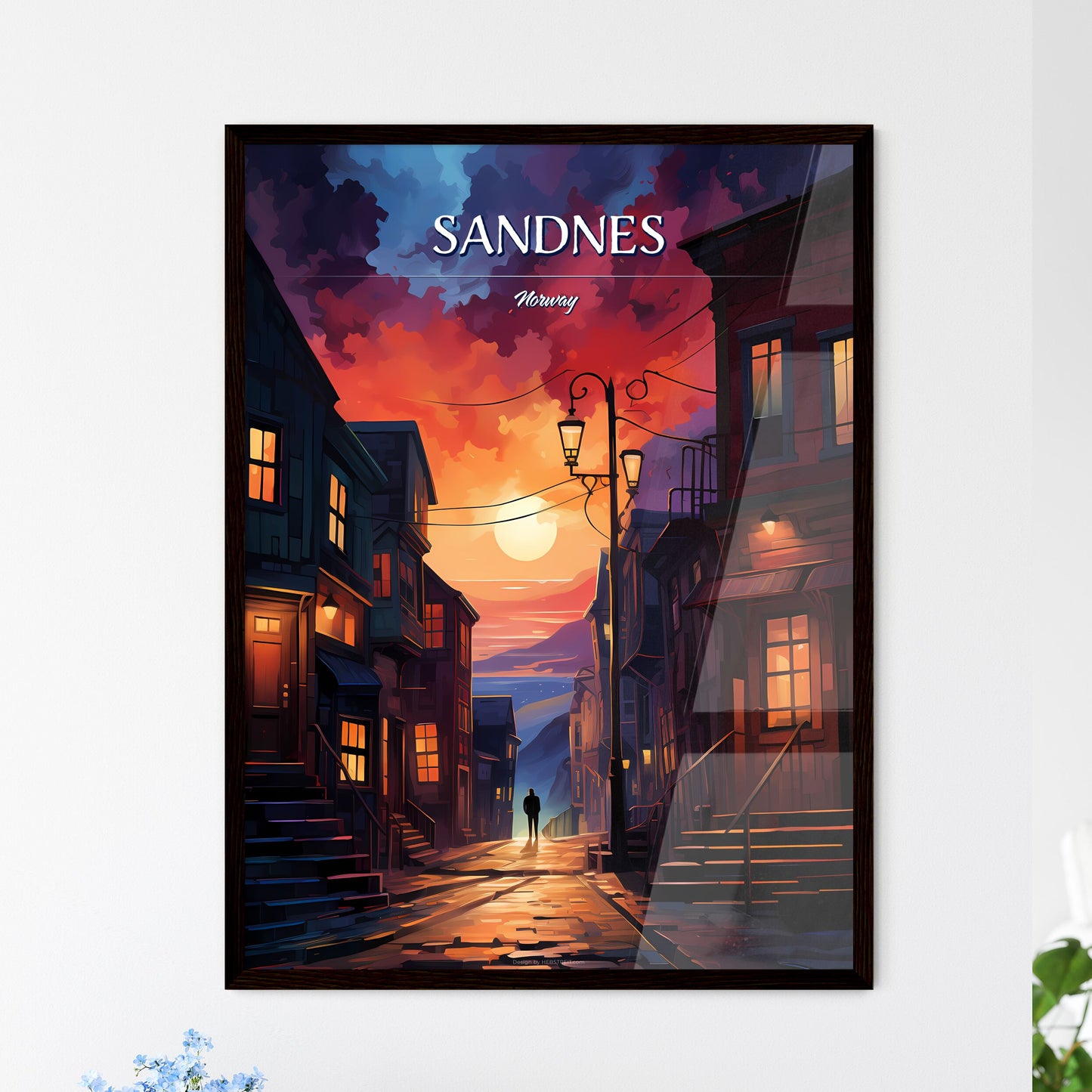 Sandnes, Norway - Art print of a person walking down a street with buildings and a sunset Framed Art