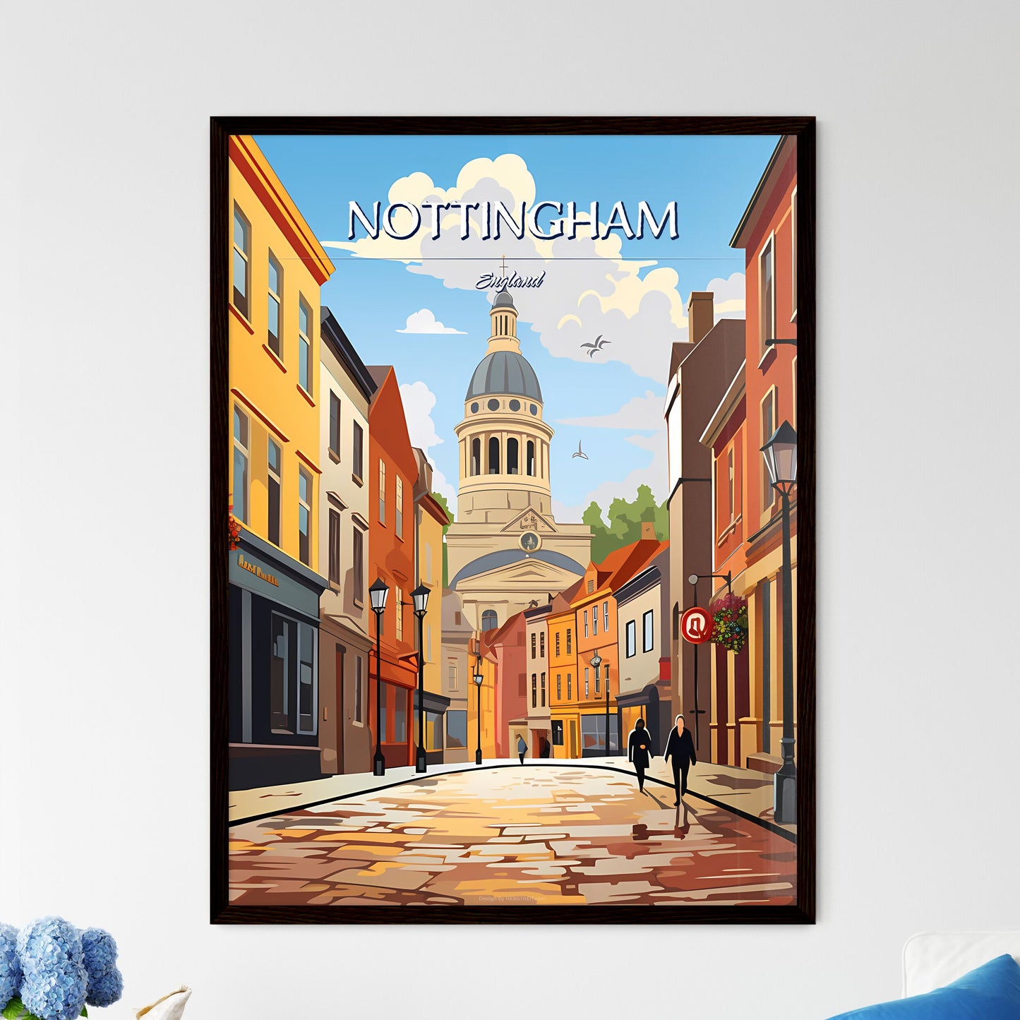 Nottingham, England - Art print of a street with buildings and a dome on the top Framed Art