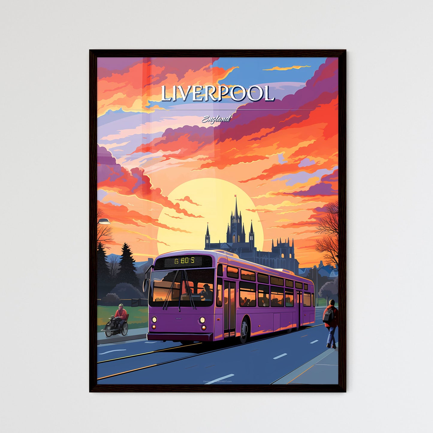 Liverpool, England - Art print of a purple bus on the road Framed Art