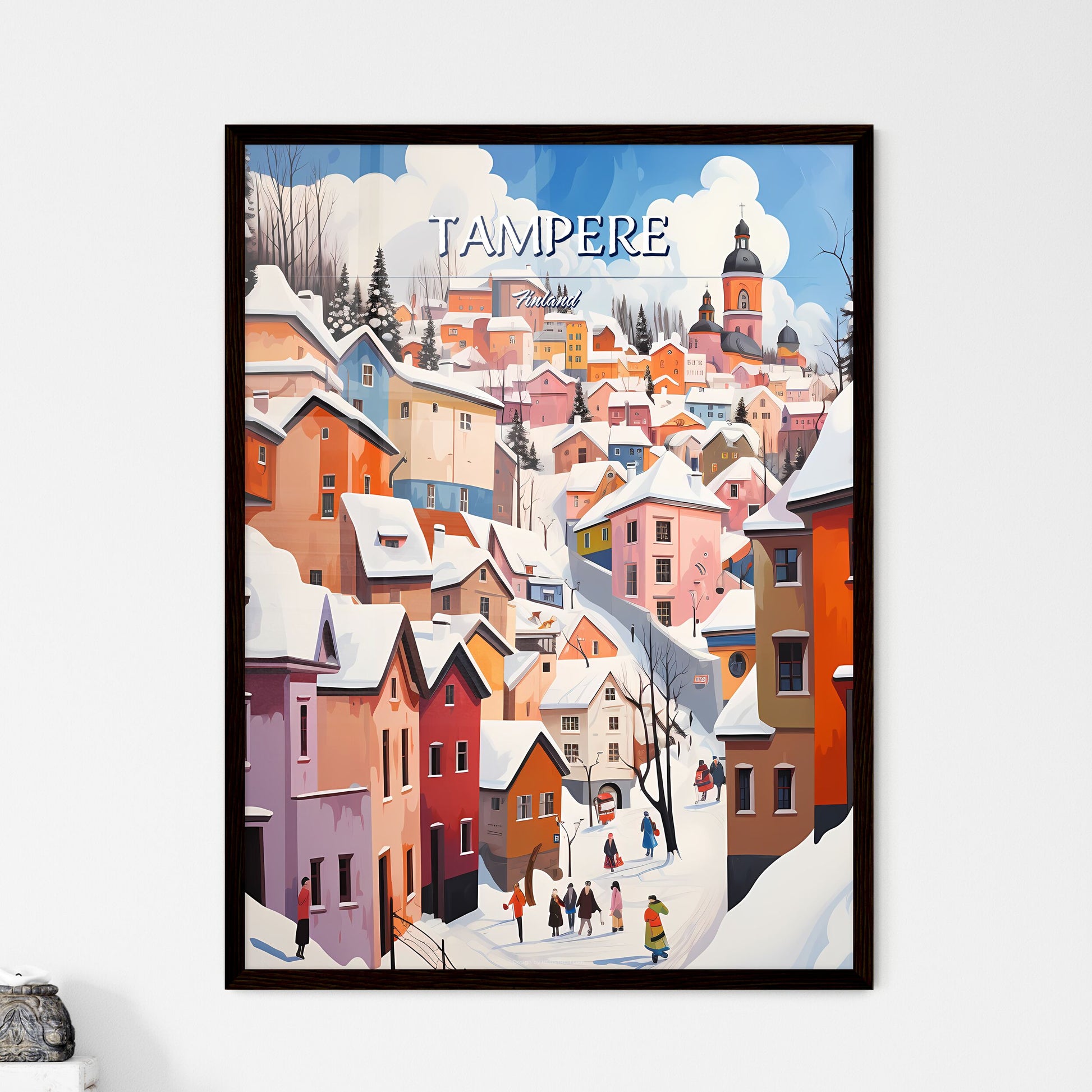 Tampere, Finland - Art print of a colorful town with snow on the ground Framed Art