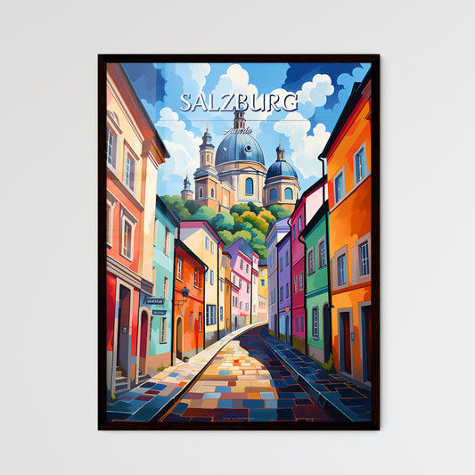 Salzburg, Austria - Art print of a colorful city street with a building on top Framed Art