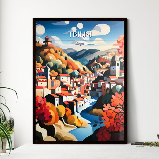 Tbilisi, Georgia - Art print of a painting of a town with a river and trees Framed Art