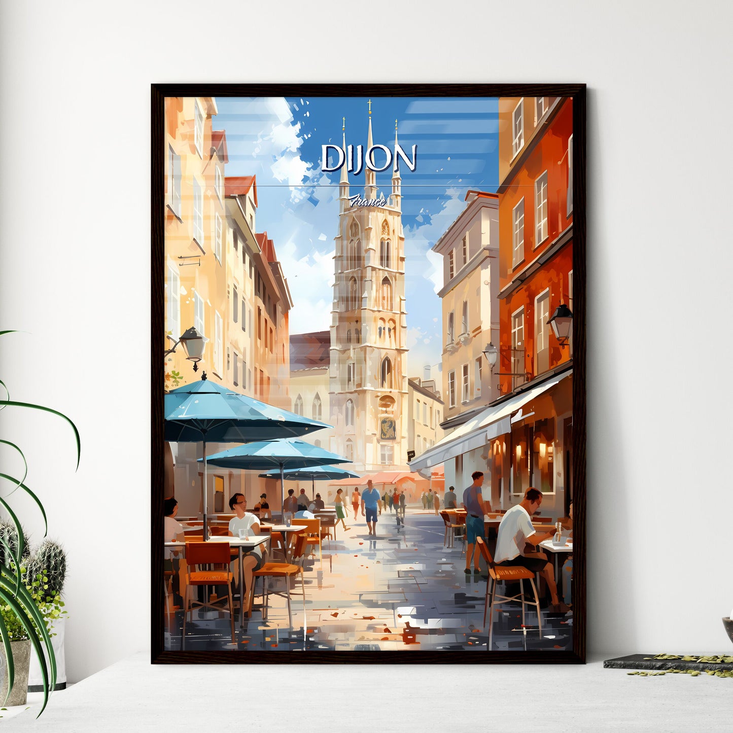 Dijon, France - Art print of a street with tables and umbrellas and people sitting at tables Framed Art