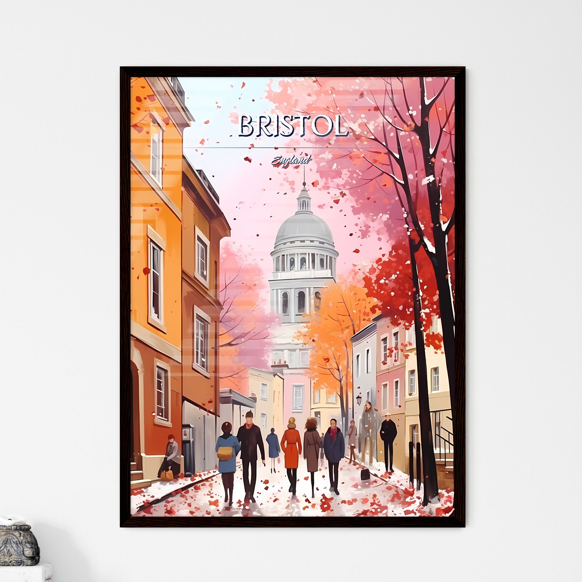 Bristol, England - Art print of a group of people walking down a street with buildings and trees Framed Art
