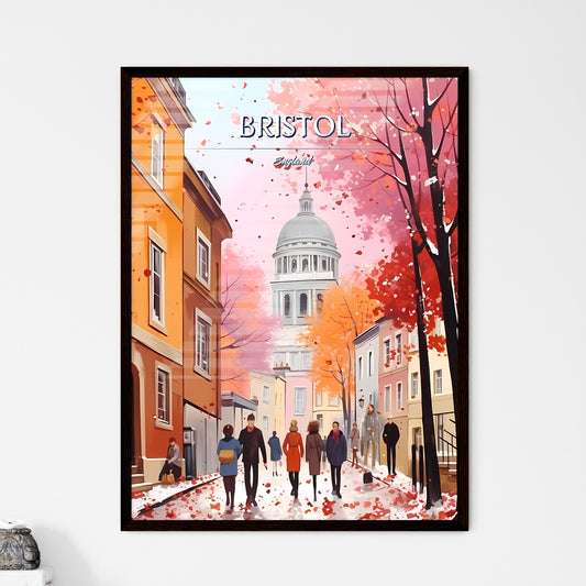 Bristol, England - Art print of a group of people walking down a street with buildings and trees Framed Art