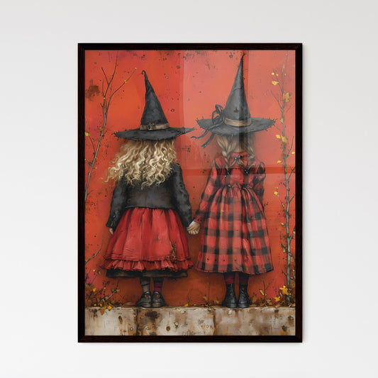 Kids wearing Halloween costumes - Art print of two girls wearing person hats Default Title