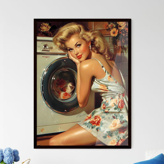 Pin up artwork for detergent ad - Art print of a woman in a dress leaning on a washing machine Default Title