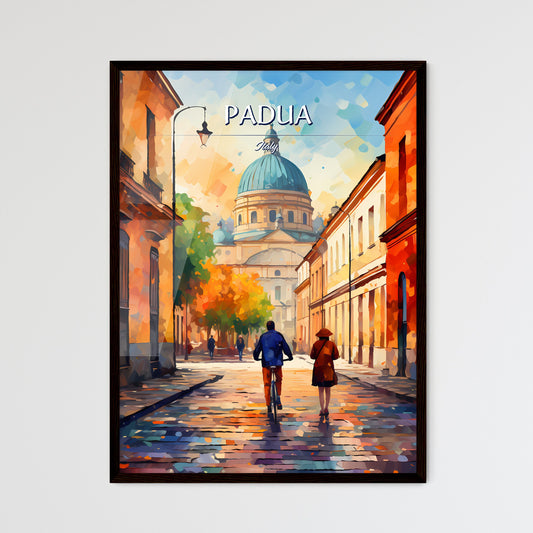 Padua, Italy - Art print of a man and woman walking down a street with a building in the background Framed Art