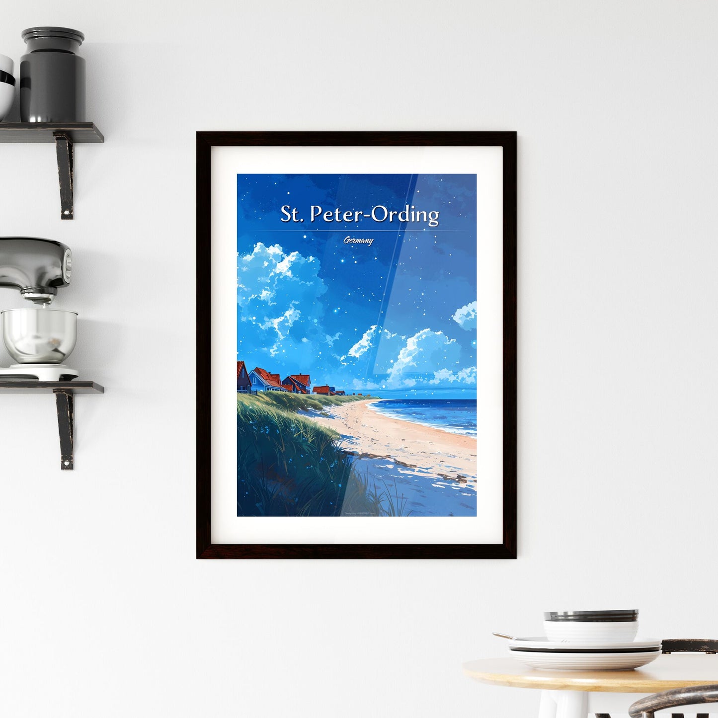 St. Peter-Ording Beach, Germany (North Sea) - Art print of a beach with houses and grass Default Title