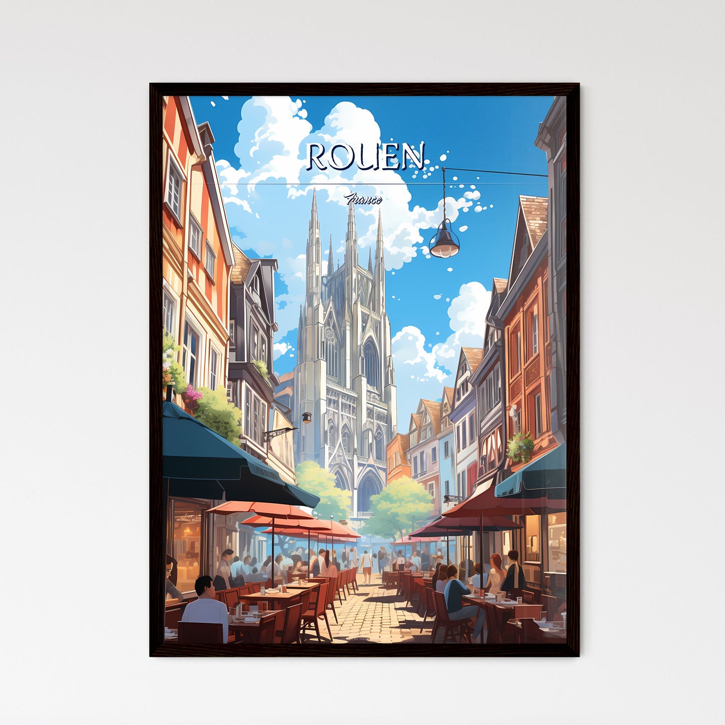 Rouen, France - Art print of a street with people sitting at tables and umbrellas Framed Art