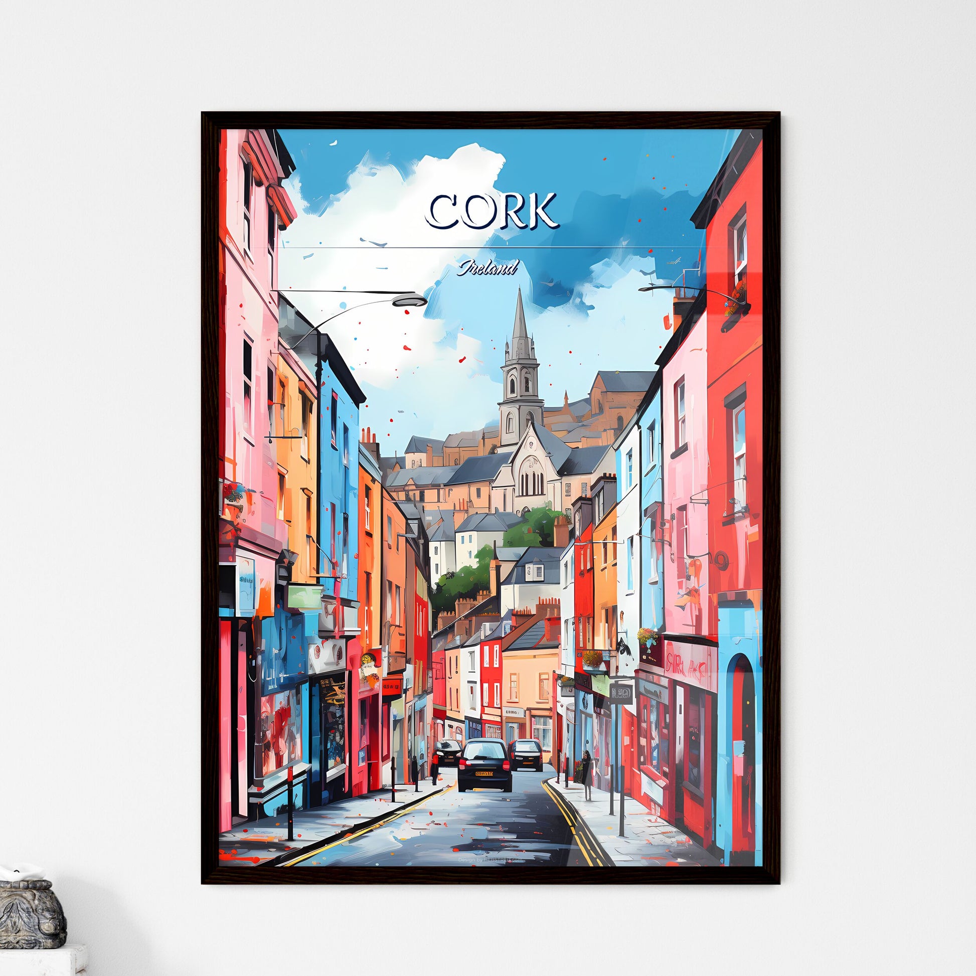 Cork, Ireland - Art print of a street with buildings and cars Framed Art