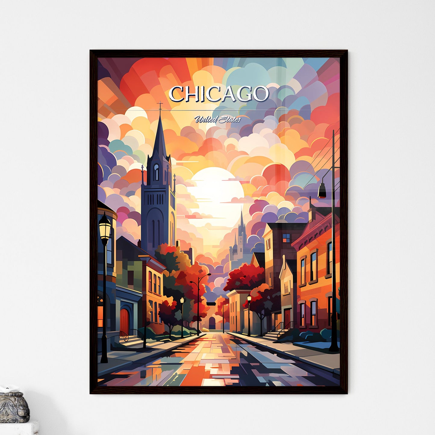 Chicago - Art print of a street with buildings and a colorful sky Framed Art