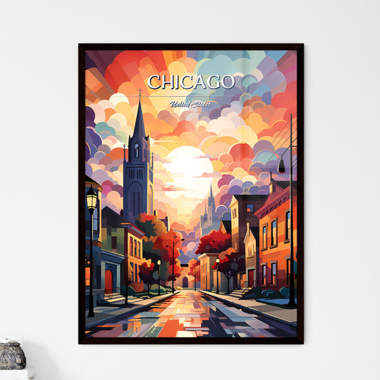 Chicago - Art print of a street with buildings and a colorful sky Framed Art