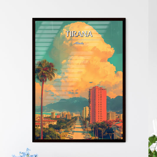 Tirana, Albania, - Art print of a palm trees and a road with buildings in the background Framed Art